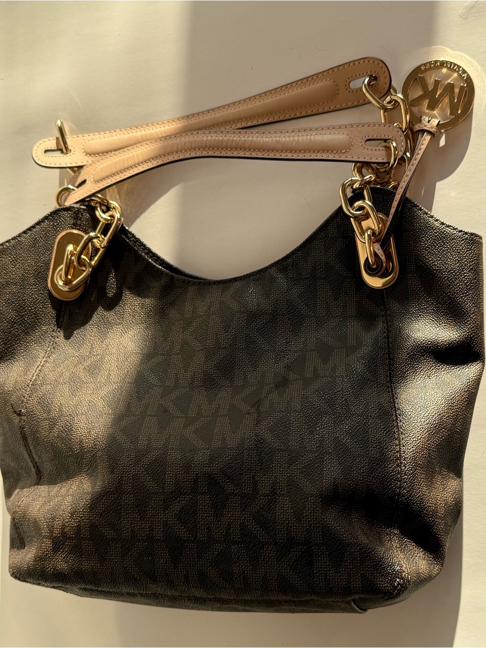 Michael Kors Brown MK Logo Hobo Shoulder Bag w/ Gold Chain & Tan Leather Handles